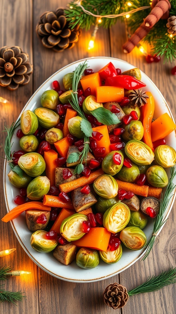 Christmas Aesthetic Landscape Recipe A colorful roasted vegetable dish arranged like a Christmas landscape with pomegranate seeds and herbs on a rustic table.